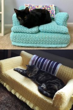 two pictures of cats sleeping on couches and cat beds