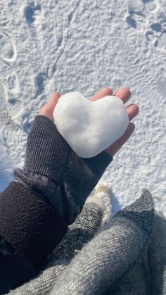 a person's hand holding a small white object in the middle of snow covered ground