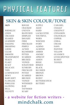 a poster with the words, physical features skin and skin color / tone