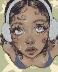 a drawing of a girl with headphones on her ears and stars around her eyes