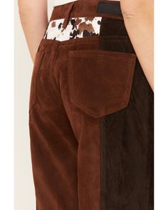 Model is 5'9 " wearing a size 26. Western back yoke. Color block brown and tan faux suede fabrication. Five-pocket design. Straight leg. Suede Pants, Denim Details, Rock Roll, Boots For Sale, Straight Pants, Pocket Design, Denim Women, Faux Suede, Rock And Roll