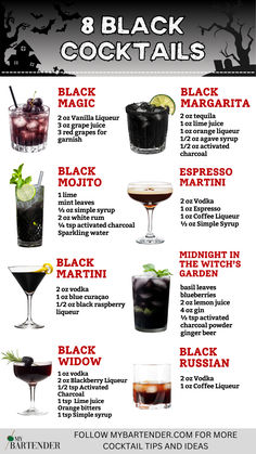 Black Cocktails Ex Themed Drinks, Halloween Party Food Idea, Spooky Cocktails Drink Recipes, Tasty Halloween Cocktails, Black Cocktails Easy, Halloween Alcohol Drinks, Goth Cocktails, Halloween Hygge, Black Drinks Cocktails