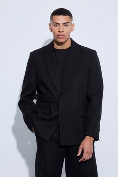 Wool Look Oversized Strap Detail Blazer Wrap Blazer, Fluid Shapes, Black Suit Men, Plus Size Joggers, Ideas Clothes, Suits Prom, Party Mode, Mens Blazer Jacket, Tall Hoodies