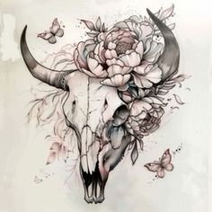 a bull skull with flowers and butterflies on it's head is featured in this tattoo design