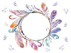 watercolor feathers arranged in a circle on a white background