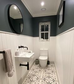 Small downstairs toilet with patterned tile and black bottle trap and tap. Black And White Wc, Downstairs Toilet Decor, Small Toilet Room With Window, Small Downstairs Toilet Ideas Decor, Small Cloakrooms, Tiny Toilet Room Ideas, Small Cloakroom Toilet, Small Downstairs Toilet Ideas, Downstairs Toilet Ideas