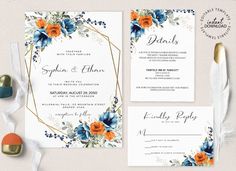 wedding stationery with orange and blue flowers