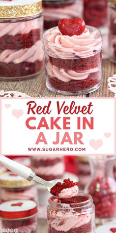 red velvet cake in a jar with pink frosting