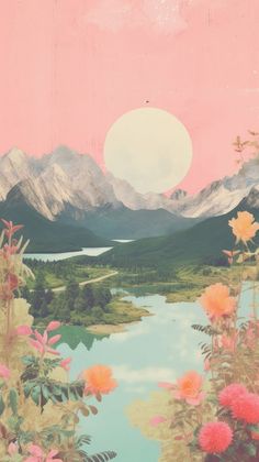 a painting of mountains and flowers in the foreground with a pink sky above it