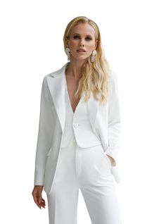 Three-piece pantsuit for women: straight leg pants with high rise, buttoned vest and lined blazer with satin lapel collar Please note suit measurements  Pants length inseam is 35.4 inches or 90 cm Pants length from waist 44 inches or 112 cm Sleeve length 24.4 inches or 62 cm Blazer length along the back 25 1/2 inches or 65 cm Vest length along the back 17.7 inches or 45 cm Our Women's Blazer Trouser Suit for office, business meetings, formal events and special occasions. Always trendy, classic a Elegant Spring Suit With Suit Collar, Spring Semi-formal Tuxedo Pantsuit, White Slim Fit Blazer For Work, Elegant Spring Suits In Solid Color, Elegant Solid Spring Suits, Elegant Notch Lapel Pantsuit For Spring, Spring Tuxedo Pantsuit With Lapel Collar, Spring Tailored Single Button Pantsuit, Spring Slim Fit Suits With Lapel Collar