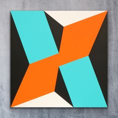 an abstract painting with orange, blue and black shapes on a concrete wall by itself