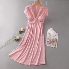 Gift for women Elegant Short Sleeve Sleepwear For Wedding Night, Elegant V-neck Dress For Pajama Party, Elegant Pink Nightgown For Loungewear, Elegant Summer Sleepwear, Elegant Summer Sleepwear For Sleepovers, Elegant Sleepwear For Sleepovers, Feminine Solid Color Sleepwear For Loungewear, Elegant Pink Nightgown, Solid Color Summer Wedding Night Sleepwear