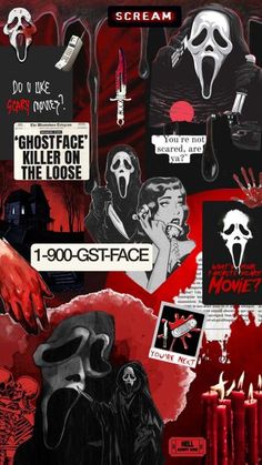 a collage of horror themed stickers and magnets on a white background with text that reads, scream ghostface killer of the louge