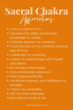 Sacral Chakra Affirmations Sacral Chakra Oils, Navel Chakra Healing, Sacral Chakra Location, How To Open Sacral Chakra, Second Chakra Healing, Orange Chakra Healing, How To Heal Sacral Chakra