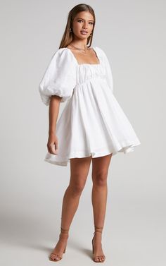 Amalie The Label - Hamyya Linen Tie Back Puff Sleeve Mini Dress in White | Showpo USA Fluffy Dress, White Linen Dresses, Linen Mini Dress, Grad Dresses, High Waisted Flares, Puffed Sleeves Dress, Mini Dress With Sleeves