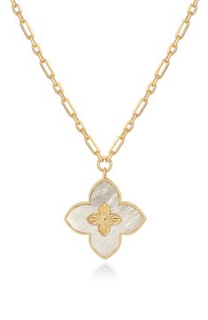 A mother-of-pearl clover pendant adds a lustrous effect to this gorgeous 14-karat gold plated sterling silver jewerly piece for an elegant statement. 14" length; 1.5" extender 14k-gold plated sterling silver/mother-of-pearl Keep jewelry away from excessive water and chemicals; remove from physical activites; store in a soft pouch. Polish gently with a cloth. Made in Turkey Gold Mother Of Pearl Necklace With Polished Finish, Gold Mother Of Pearl Flower Pendant Jewelry, Clover Pendant, Mother Of Pearl Inlay, Pearl Inlay, Rise Above, Keep Jewelry, Gold Plated Sterling Silver, Womens Jewelry Necklace