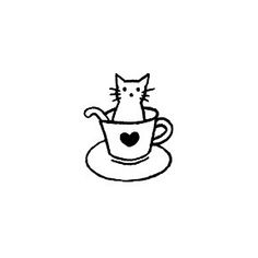 a black and white drawing of a cat sitting in a cup on top of a saucer