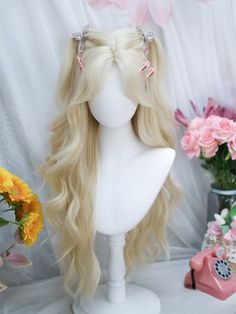 Transform your look with our Light Blonde Curtain Bangs Long Wavy Synthetic Wig. This high-quality wig features soft, cascading waves that exude effortless elegance and volume. The light blonde shade adds a touch of brightness, perfect for creating a radiant, sun-kissed appearance. The curtain bangs frame your face beautifully, providing a trendy and chic style that complements any face shape. Made from premium synthetic fibers, this wig is durable, easy to maintain, and looks incredibly natural Wavy Blonde Hair With Bangs, Aesthetic Wigs, Blond Wavy Hair, Blonde Curtain Bangs, Cute Wigs, Blond Wigs, Styled Wigs, Blonde Hair Wig, Blond Wig