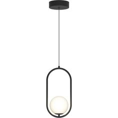 a black and white light fixture with an orb on the bottom, hanging from a ceiling