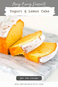 the lemon cake is cut in half and ready to be eaten with text overlay