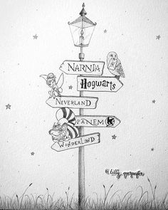 a drawing of a street sign with many different signs on it's post and stars in the sky