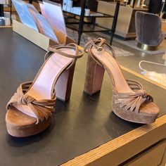 Brand New With Tags Rivka Suede Platform Knot Heels With Ankle Strap Designer Suede Block Heel, Designer Suede Block Heels, Gold Block Heels, Heels With Ankle Strap, Loeffler Randall Shoes, Platform Shoes Heels, Lace Up High Heels, Strappy Stilettos, Bow Sandals