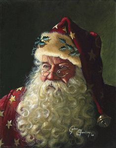 a painting of santa claus with stars on his hat