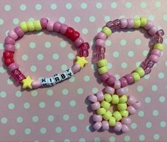 Lovejoy Kandi, Kirby Bracelet, Kirby Crafts, Kirby Kandi, Kandi Bracelets Patterns, Scene Bracelets, Loom Bands Designs, Bracelets With Beads