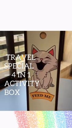 a box with an image of a cat on it and the words travel special 4 in 1 activity box