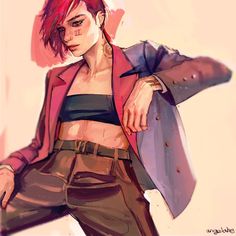 a drawing of a woman with red hair wearing a pink blazer and brown pants