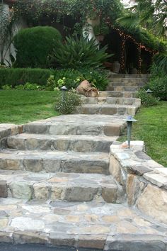 stone steps lead up to an outdoor patio