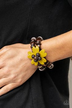 Featuring heart-shaped petals, a sunny yellow wooden flower sits atop double strands of wooden beads threaded along stretchy bands for a tropical flair atop the wrist. Sold as one individual bracelet. Black Leather Cuff Bracelet, Mama Bracelet, Yellow Wood, Yellow Bracelet, Yellow Jewelry, Wood Bracelet, Brass Bracelet, Wooden Flowers, Sunny Yellow