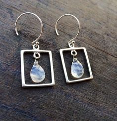 Rainbow Moonstone earrings.  Modern jewelry.  Sterling silver Silver Minimalist Earrings With Natural Stones, Silver Rectangular Wire Wrapped Jewelry, Rectangular Silver Wire Wrapped Jewelry, Silver Wire Wrapped Jewelry, Framed Jewelry, Cleaning Silver Jewelry, Moonstone Earrings, Natural Rainbow, Jewelry Sterling Silver