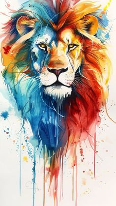 a painting of a lion with colorful paint splatters on it's face