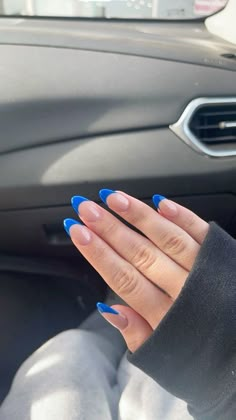 Blue French Tip Nails Almond Shape, Almond Shape Blue French Tip, Cute Nails Royal Blue, Nail French Tip Blue, Bright Blue Nails French Tip, Royal Blue Almond French Tip, Cute Nails Blue French Tip, French Tips Navy Blue, French Nails Blue Tips