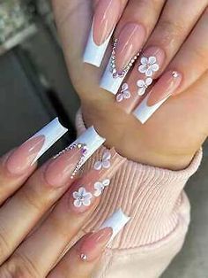 24pcs Long Coffin White French Rhinestone 3D Flower Decor Fake Nail  | eBay Fake Nails White, Fake Nails Long, Floral Nail Designs, Acrylic Nail Kit, White Acrylic Nails, Diy Nail Art, Pink Acrylic Nails, Girls Nails, Stick On Nails