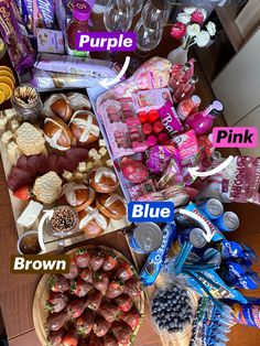 an assortment of snacks and drinks on a table with the words purple, pink, brown, blue