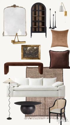 a living room with white furniture and brown accents on the walls, along with other items