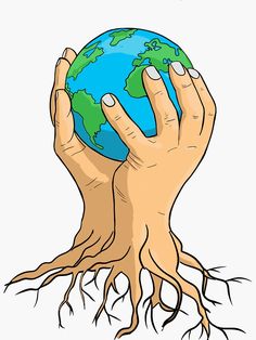 two hands holding up the earth with roots