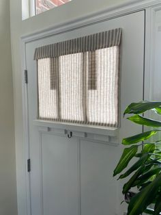 a white door with three blinds on the side and a potted plant next to it