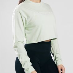 Runs A Little Big, But Fits Comfortably. Color Description: Frozen Spring. Green Spring Activewear With Crew Neck, Spring Crew Neck Crop Top For Gym, Green Crew Neck Activewear For Spring, Cropped Cotton Gym Tops, Green Cropped Athleisure Top, Green Crop Top For Workout, Sporty Green Long Sleeve Crop Top, Green Workout Crop Top, Print Branding