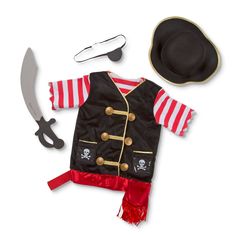 a pirate outfit and hat are laid out on a white surface