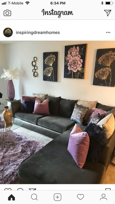 a living room filled with lots of furniture and pillows on top of a purple rug