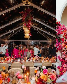 two pictures side by side with people at tables and flowers on the table