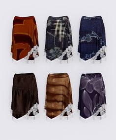 six different styles of women's skirts in various colors and patterns, all tied together