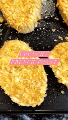 fried french toast patties in a frying pan with pink stickers on them