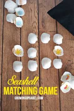 sea shell matching game for kids to play on the beach or in the water with text overlay