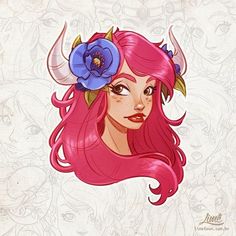 a drawing of a girl with horns and flowers in her hair, on a white background