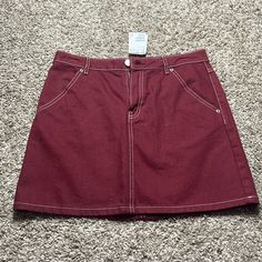 Never Worn! Burgundy/Reddish Brown Color, All 4 Pockets Are Real Pockets. Zipper And Button, Belt Loops Red Cotton Mini Denim Skirt, H&m Casual Cotton Mini Skirt, H&m Cotton Mini Skirt Casual, Casual H&m Cotton Mini Skirt, Casual Cotton Mini Skirt By H&m, H&m Casual Mini Skirt With Pockets, H&m Fitted Cotton Mini Skirt, Casual H&m Mini Skirt With Pockets, Casual Red Denim Skirt