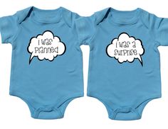 Twin Boy Baby Gifts, I was planned ... I was a surprise!, Light Blue Bodysuit, Twin Boys, sizes from 0 to 12 months, Twin Baby Gifts Includes: Price is for both bodysuits. Read our Reviews. We ship fast and have great quality for a great price. TWO Bodysuits - Cute screen printed design - Thick cotton Bodysuit for comfort and softness - Lap shoulder neckline - Quality double-stitched hems - Snap-closure Please check out our Etsy Shop for more Baby Gifts. Many twin designs to choose from. All ord Twin Boy Shirts Funny, Funny Blue Tops For Playtime, Fun Blue Top For First Birthday, Fun Blue Cotton Onesie, Matching Kids Outfits, Twin Baby Clothes, Twin Baby Gifts, Twin Baby Boys, Twins Gift